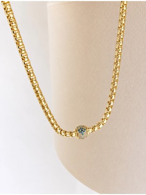 Bade Jewelry Fd 14K Gold Boru Zincir Top Taş Detaylı Modern Kararmaz Çelik Şık Kolye 40+5 cm