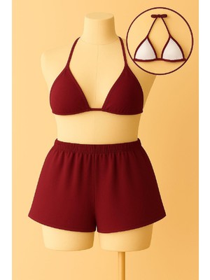 Kadın Bordo Şortlu Belden ve Boyundan Bağlamalı Bikini Takımı