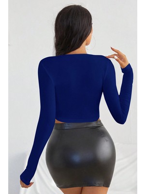 Kadın Mavi Uzun Kol Kare Yaka Crop Top Bluz
