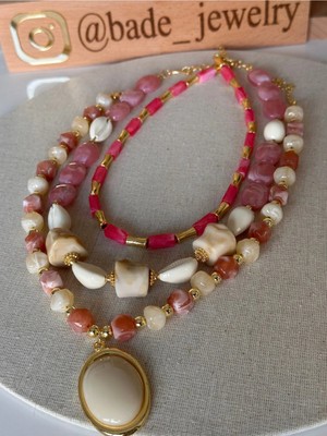 Bade Jewelry Vip Gold 3’lü Kombin Madalyon&deniz Kabuğu Detaylı Pembe Yaz Kolyesi