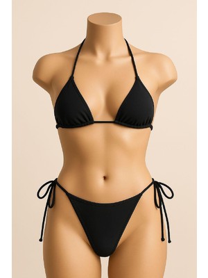 Kadın Siyah Yandan ve Boyundan Bağlamalı Bikini Mayo Takımı