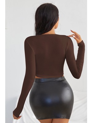 Kadın Kahverengi Uzun Kol Kare Yaka Crop Top Bluz