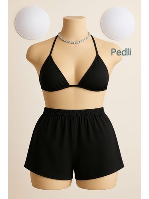 Kadın Siyah Şortlu Belden ve Boyundan Bağlamalı Bikini Takımı