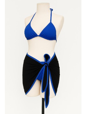 Kadın Mavi Pareolu Yandan ve Boyundan Bağlamalı 3'lü Bikini Takımı