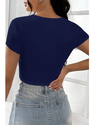 Kadın Lacivert Yarım Kol Düz Yaka Crop Top Bluz