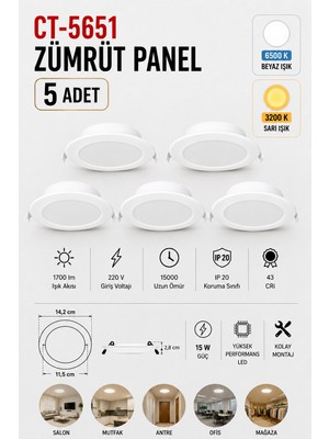 Yenilig 5 Adet CT-5651 Zümrüt Panel LED 15W – 14,2 cm Dış Çap 11,5 cm Kesim Çapı