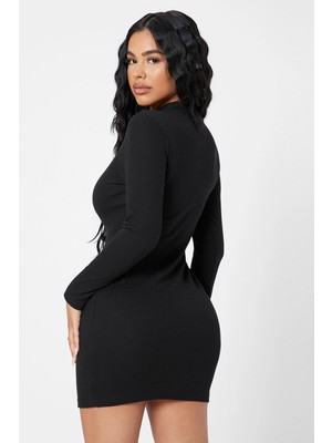 Kadın Siyah Kaşkorse Balıkçı Yaka Uzun Kollu Bodycon Mini Elbise