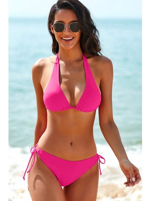 Kadın Fuşya Belden, Boyundan Bağlamalı ve Ayarlanabilir Külotlu Üçgen Bikini Mayo Takımı