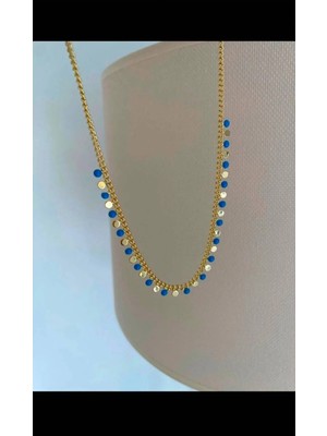 Bade Jewelry Fd 14K Gold ve Mavi Pul Detaylı Modern Kararmaz Çelik Şık Kolye 50+5 cm