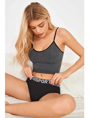Kadın Anstrasit Gri Ip Askılı Crop Top Bluz