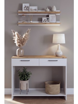 Robeve Dresuar 130 cm - 2 Çekmeceli Modern Dresuar - 2 Duvar Rafı ile Birlikte Antre Dresuarı , Dekoratif Salon Konsolu , Modern Hol ve Koridor Dresuarı Modern Dresuar Atlantik Çam - Beyaz