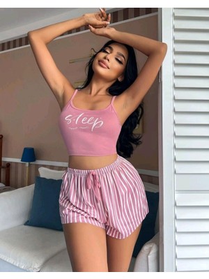 Kadın Pembe Çizgili Desen Askılı Şortlu Pijama Takım 5002