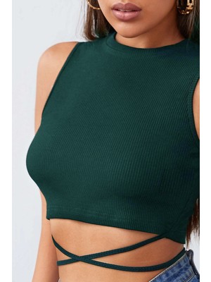 Kadın Yeşil Çapraz Bağlamalı Crop Top Büstiyer