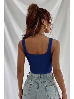 Kadın Lacivert Kalın Askılı Crop Top Büstiyer