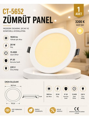 Yenilig CT-5652 Zümrüt Panel LED 20W – 16,9 cm Dış Çap 14 cm Kesim Çapı