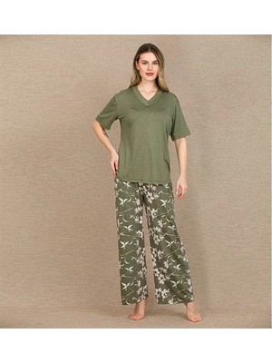 Şık Tasarım Çiçek Desenli Yeşil Kısa Kol Viskon Pijama Takımı