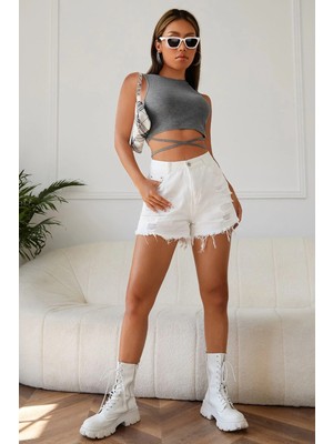 Kadın Gri Çapraz Bağlamalı Crop Top Büstiyer