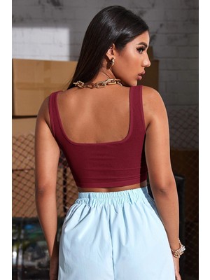 Kadın Bordo Kalın Askılı Crop Top Büstiyer