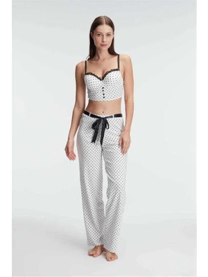 Bralet Sütyen Pamuklu Puantiye Desenli Desteksiz Dantel Detaylı Pijama Takımı