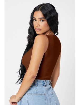 Kadın Kahverengi Kare Yaka Crop Top Bluz