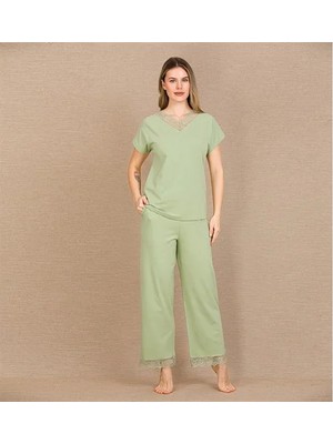 Pamuklu Şık Tasarım Dantel Işlemeli Yeşil Kısa Kol Pijama Takımı