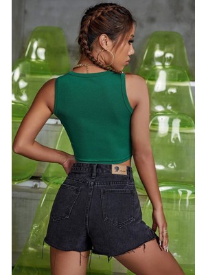 Kadın Yeşil Kare Yaka Crop Top Bluz