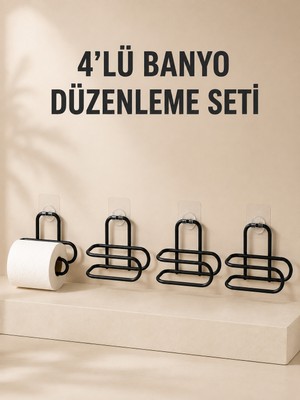 4 Adet Yapışkanlı Tuvalet Kağıdı Askısı Siyah Metal Delmeden Duvara Monte Wc Kağıtlık - Lisinya