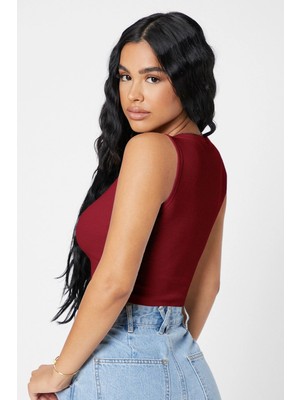 Kadın Bordo Kare Yaka Crop Top Bluz