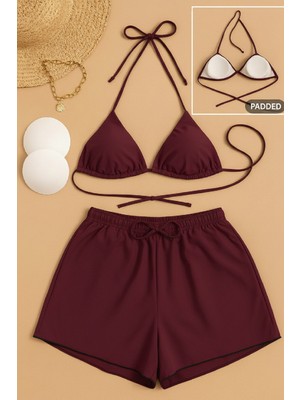 Kadın 3'lü Set Bordo Şortlu ve Yandan Bağlamalı Bikini Mayo Takımı