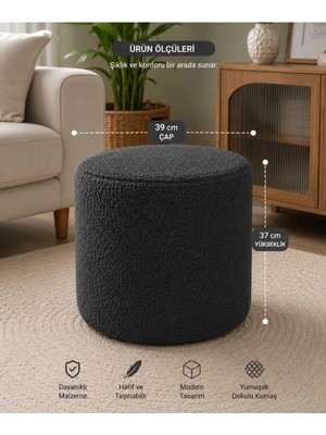 Dekozum Pufly Peluş Çok Amaçlı Dekoratif Puf Koltuk Dekoratif Puf Antrasit Silindir Puf