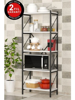Dekozum 5 Raflı Metal Mutfak Düzenleyici Raf Metal 5 Raflı Kitaplık Mutfak Rafı Baharatlık Beyaz 150 cm