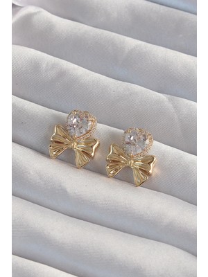 Alkasaz Pirinç Gold Renk Zirkon Taşlı Kalp Model Fiyonk Küpe