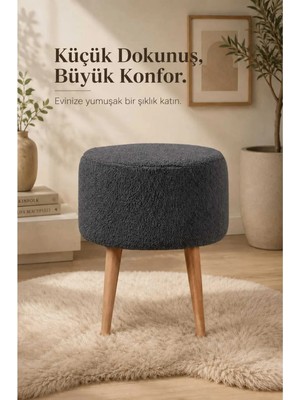 Dekozum Puflex Ahşap Ayaklı Dekoratif Peluş Puf Koltuk Antrasit