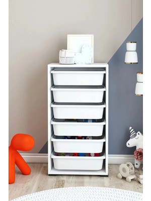 Dekozum Kids 6 Sepetli Oyuncak Dolabı Organizer Saklama Depolama Box Beyaz-Beyaz