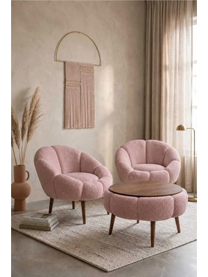 Dekozum Liva Comfort Koltuk Berjer Takımı Çay Seti Peluş Kumaş 3 Lü Set 2 Koltuk 1 Sehpa Gül Kurusu