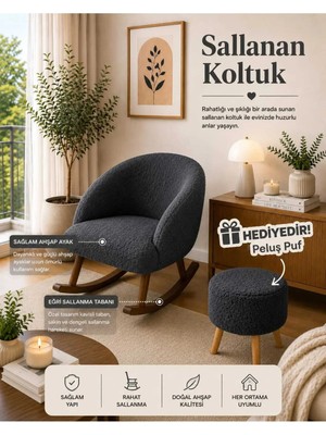 Dekozum Lavin Sallanan Koltuk Berjer Koltuk Teddy Kumaş Ahşap Ayaklı Puf Hediyeli Antrasit