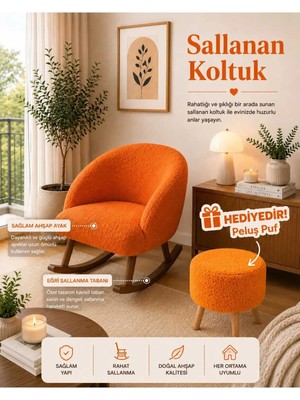 Dekozum Lavin Sallanan Koltuk Berjer Koltuk Teddy Kumaş Ahşap Ayaklı Puf Hediyeli Turuncu