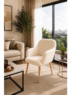 Dekozum Loren Berjer Koltuk Tekli Çay Seti Koltuk Salon Bahçe Balkon Koltuk Teddy Kumaş Krem