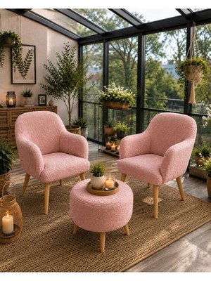Dekozum Elora Berjer Koltuk Takımı Çay Seti Balkon Salon Bahçe Çay Seti Berjer 3 Lü Takım 2 Adet Koltuk 1 Adet Puf Gülkurusu