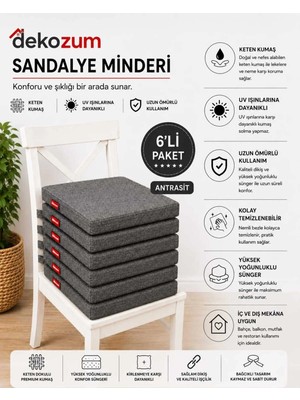 Dekozum Comfort Plus Sandalye Koltuk Minderi 40X40 Bağcıklı Fermuarlı Yıkanabilir Balkon Bahçe Minderi 6 Lı