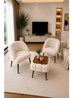 Dekozum Luna Soft Well Soft Peluş Kumaş Ikili Berjer Seti Salon Balkon Koltuk Berjer Özel Tasarım Sehpa Krem