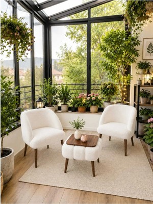 Dekozum Luna Soft Well Soft Peluş Kumaş Ikili Berjer Seti Salon Balkon Koltuk Berjer Özel Tasarım Sehpa Beyaz