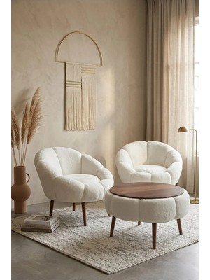 Dekozum Liva Comfort Koltuk Berjer Takımı Çay Seti Peluş Kumaş 3 Lü Set 2 Koltuk 1 Sehpa Beyaz