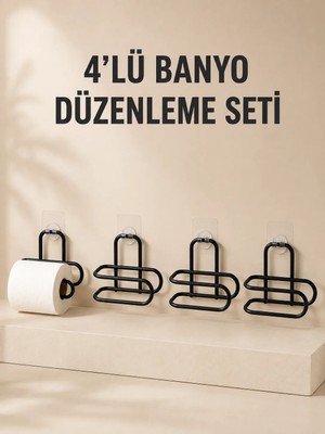 Alkasaz 4 Adet Yapışkanlı Tuvalet Kağıdı Askısı Siyah Metal Delmeden Duvara Monte Wc Kağıtlık