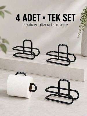 Alkasaz Duvara Yapışkanlı Wc Kağıtlık Siyah Metal 4 Adet Tuvalet Kağıdı Rulo Askısı