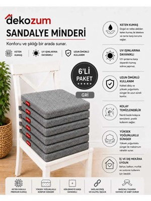 Dekozum Comfort Plus Sandalye Koltuk Minderi 40X40 Bağcıklı Fermuarlı Yıkanabilir Balkon Bahçe Minderi 6 Adet