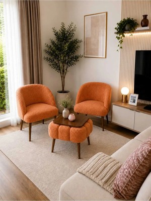 Dekozum Luna Soft Well Soft Peluş Kumaş Ikili Berjer Seti Salon Balkon Koltuk Berjer Özel Tasarım Sehpa Turuncu