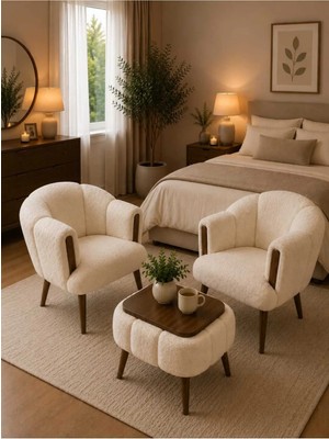 Dekozum Vera Comfort Çay Seti ve Peluş Ikili Berjer & Puf Takımı - 3'lü Set Krem
