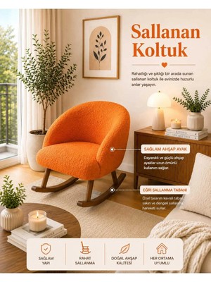 Dekozum Siena Sallanan Koltuk Berjer Koltuk Tedy Kumaş Ahşap Ayaklı Sallanan Koltuk Turuncu