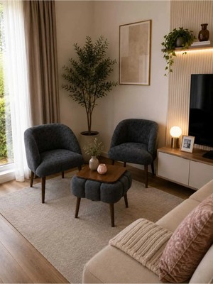 Dekozum Luna Soft Well Soft Peluş Kumaş Ikili Berjer Seti Salon Balkon Koltuk Berjer Özel Tasarım Sehpa Antrasit